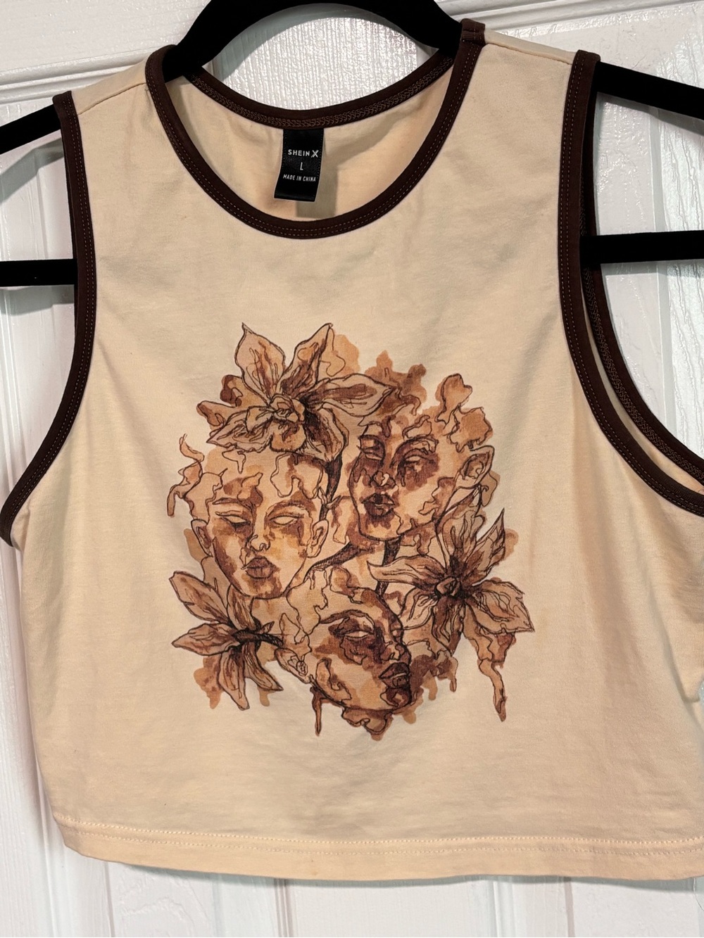 SHEIN Cream Tank Top with Brown Floral Face Graphic